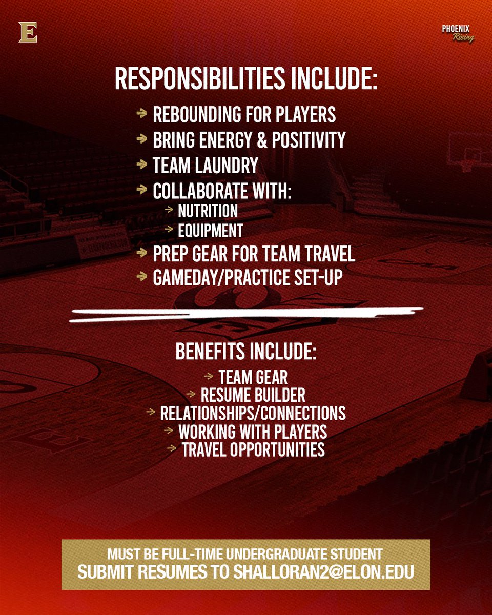 ElonMBasketball's tweet photo. We’re hiring student managers for 2026-27! 👋

If interested, contact Sean Halloran at shalloran2@elon.edu.

#PhoenixRising https://t.co/EdyiyYUzG0