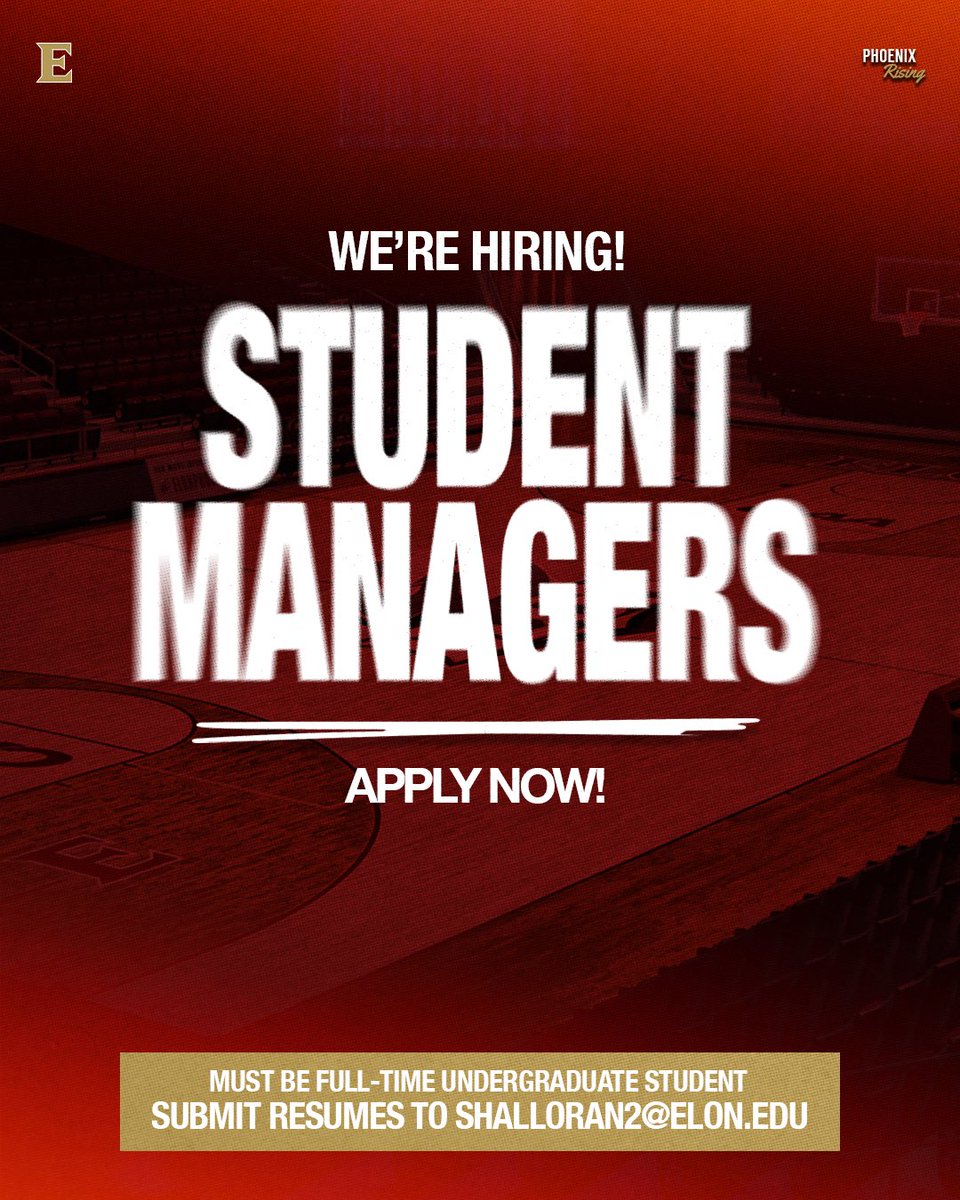 ElonMBasketball's tweet photo. We’re hiring student managers for 2026-27! 👋

If interested, contact Sean Halloran at shalloran2@elon.edu.

#PhoenixRising https://t.co/EdyiyYUzG0