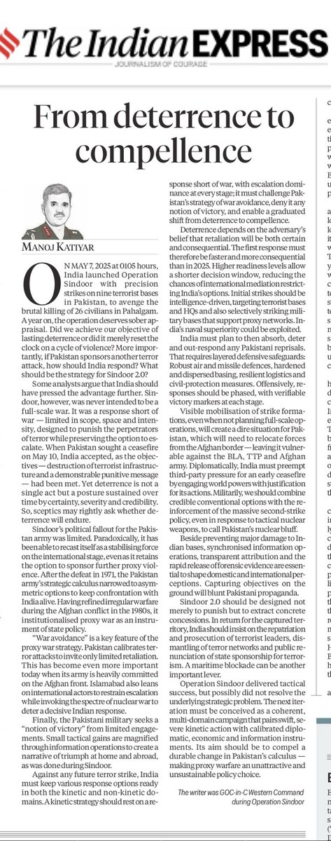 manaman_chhina's tweet photo. Former Western Army Commander Lt Gen Manoj Katiyar (retd) argues in this well written piece on how Op Sindoor 2.0 should factor capturing objectives on the ground to blunt Pak propaganda.
“Sindoor 2.0 should be designed not merely to punish but to extract concrete concessions”. https://t.co/ImJicw2Knf