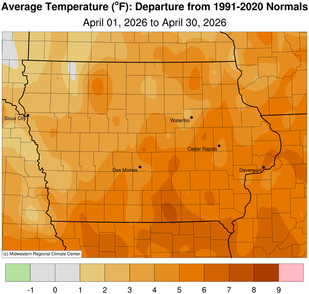 JustinMGlisan's tweet photo. April 2026 Temperature Summary: #Iowa’s average temperature was 52.7°F, 4.1°F above normal. This ties 1954/1986 as the 18th warmest Apr. in 154 years of records; 2010 was warmer and the 6th warmest. (1/2) #IowaClimate #IowaAg #Plant26 https://t.co/1so4iw0BNJ