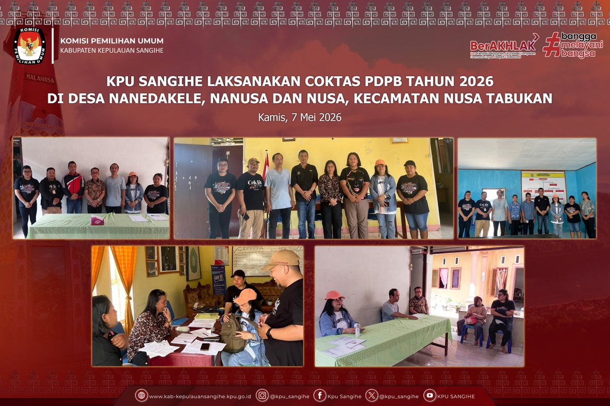 kpu_sangihe's tweet photo. #TemanPemilih, KPU Sangihe melaksanakan kegiatan Pencocokan dan Penelitian Terbatas (Coktas) Pemutakhiran Data Pemilih Berkelanjutan (PDPB) Tahun 2026 Kecamatan Nusa Tabukan, Kamis (7/5/2026).
Selengkapnya...
https://t.co/DrJCx0BiXp
#KPUMelayani #KPUSangihe #PDPB2026 https://t.co/QYtWMTrmr4