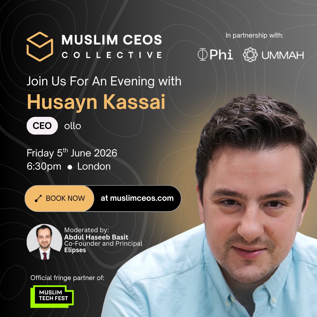 MuslimCEOs's tweet photo. We're delighted to hold the opening dinner for MTF 2026, exclusively for CEOs and Founders in partnership with @PhiWallet  and Ummah.

​We'll be hosting guest speaker Husayn Kassai , Founder and CEO of ollo

Book at https://t.co/QxfSO5lJIO

#muslimtechfest2026 #muslimceos https://t.co/KCqPO2tID8
