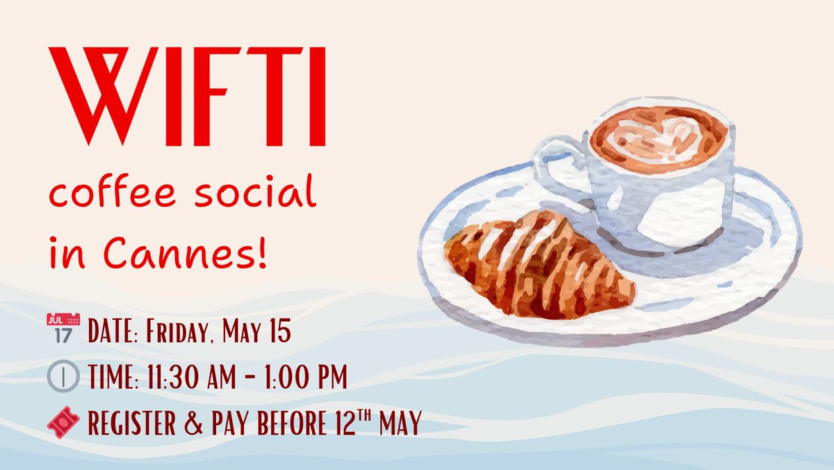 WIFTI_Talks's tweet photo. From Adare to Cannes 🌍✨

We’re excited to continue the connections and conversations sparked at the 2026 WIFTI Summit with the WIFTI Coffee Social during Cannes Film Festival!

🗓 May 15
☕ Coffee, pastries &amp; networking
🎟 Register by May 12 

https://t.co/64NbNgJIDk https://t.co/kkBBpYKl62