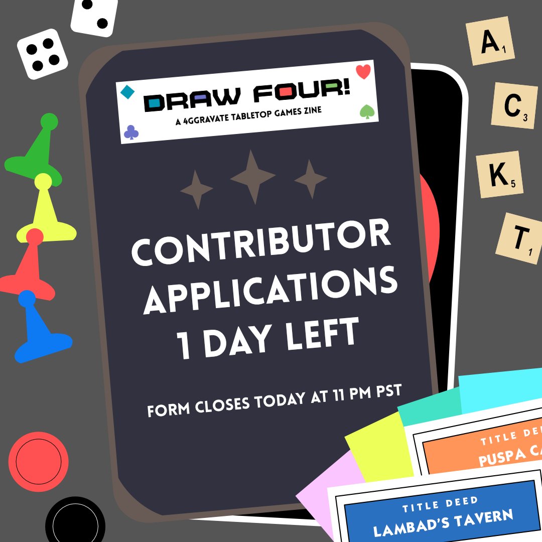 DrawFourZine's tweet photo. ♦️♣️ CONTRIBUTOR APPLICATIONS 1 DAY LEFT ♥️♠️

There are 1 more day to join the boys' game night! 

Form closes TODAY at 11 PM PST. Application links below!

#GenshinImpact #4ggravate #Alhaitham #Cyno #Kaveh #Tighnari #zine #fanzine https://t.co/7zYTeiuHAH
