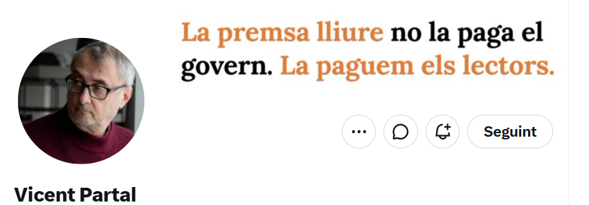 Aquest home, <a href="/vpartal/">Vicent Partal</a>, que presumeix d'independència, ha rebut 112.483,93 € (aprox. 12,7% més que l'any anterior) del Govern per embellir (no "blanquejar", com diuen els racistes) la política racista i  anticatalana del PSC/ERC/PSOE.