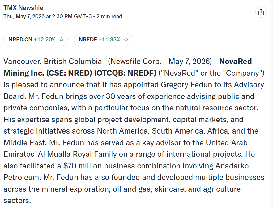 imgurpreetp's tweet photo. $NRED up +10.73% already… and honestly I’m not surprised 🔥

The market clearly noticed the Gregory Fedun news.

This guy brings:
30+ YEARS in resources/capital markets,
international project background,
UAE Royal Family business relationships,
involvement in a $70M Anadarko-linked transaction.

That’s the kind of advisor you add when you want:

financing,
strategic partnerships,
bigger investor attention.

And the timing lines up perfectly with the copper macro:
50M tonnes copper demand projected by 2035,
53M+ by 2050,
AI infrastructure exploding,
EVs needing 3-4x more copper.

Meanwhile sulfur markets are tightening:
prices recently near ~$740/ton,
~50% sulfur shipping near Hormuz.

Wilmac’s location near Teck Trail, Chemtrade, IRM and Western Canada sulfur infrastructure could matter WAY more later.

16,078 hectares.
Copper-gold exposure.
AI exploration.
Provisional patent filing.

Yeah… I understand why the stock is moving.

$15+ target for me.
Information only, not a solicitation.

$BMY $MRK $ENLV $CAVA