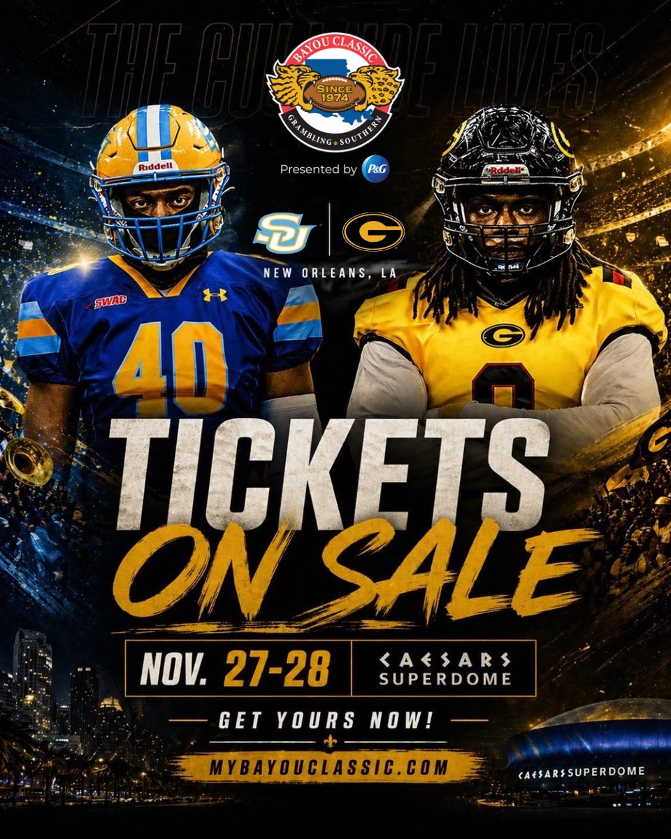 BayouClassic74's tweet photo. The Culture Lives. 🏈  

Southern vs Grambling returns to New Orleans Thanksgiving Weekend.  

🎟 Tickets are ON SALE NOW: https://t.co/MqJzTqyR2w  

#TheSomebodyStandard https://t.co/gzOGCV7gnW
