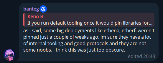 ithounnb's tweet photo. "the teams that understood what they were building on weren't at risk."

Of course they were. LZ Labs can forge messages unless you set the configuration. And until very recently over $3b in OFTs were still exposed to compromise because they relied on a default library contract that lz labs could instantly upgrade. Ethena and Etherfi were also unaware of it.