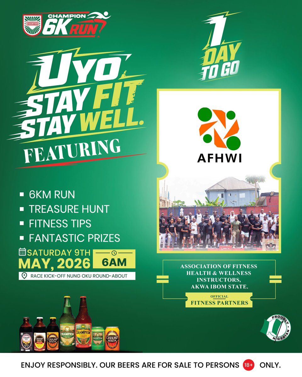 CBPlc_'s tweet photo. UYO, it’s TOMORROW!  

⏰ Kick-off: 6AM 
Proud to have the Association of Fitness, Health &amp; Wellness Instructors, AKS as our Official Fitness Partner 

Register now: https://t.co/qDGmc1sigX 

Run. Discover. Win. 📷
#ChampionBreweriesPlc 
#StayFitStayWell #UyoEvents https://t.co/rxu8xCPIDx