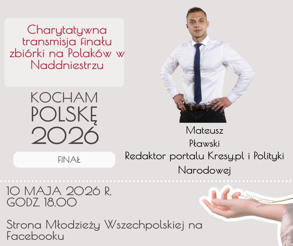 MWszechpolska's tweet photo. Już trzeci miesiąc prowadzimy kampanię uświadamiającą o problemach i potrzebach Polaków od wieków mieszkających w Naddniestrzu. Pierwotnie nasze działania miały się zakończyć 2 maja w Dzień Polonii i Polaków za granicą. Jednak z uwagi na pogarszające się warunki w samym Naddniestrzu, postanowiliśmy je przedłużyć i organizujemy transmisję internetową, w której będziemy dyskutować o Polakach na Kresach, w szczególności o Polakach w Naddniestrzu. Będziemy również zachęcali Polaków do wsparcia finansowego naszych rodaków poprzez zrzutkę internetową.

Gościem naszego wydarzenia będzie @MateuszPlawski  - politolog, redaktor portalu @KRESYPL oraz @PolitykaNaro , ekspert w dziedzinie bezpieczeństwa oraz zagadnień kresowych.

Zaczynamy już w najbliższą niedzielę o godz. 18.00 na fanpage'u Młodzieży Wszechpolskiej. Bądźcie razem z nami.