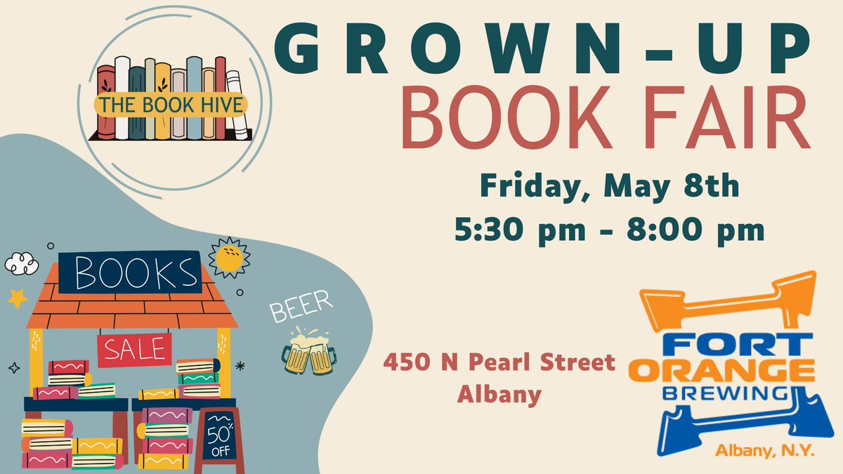 FortOrangeBrew's tweet photo. @thebookhive_ny returns to the taproom with their Grown-Up Book Fair just in time for that perfect Mother's Day gift 🎁

📚5:30pm-8:00pm
🍞Plated Palette Food Truck 5:30pm-8:00pm https://t.co/gbujIFBKsG