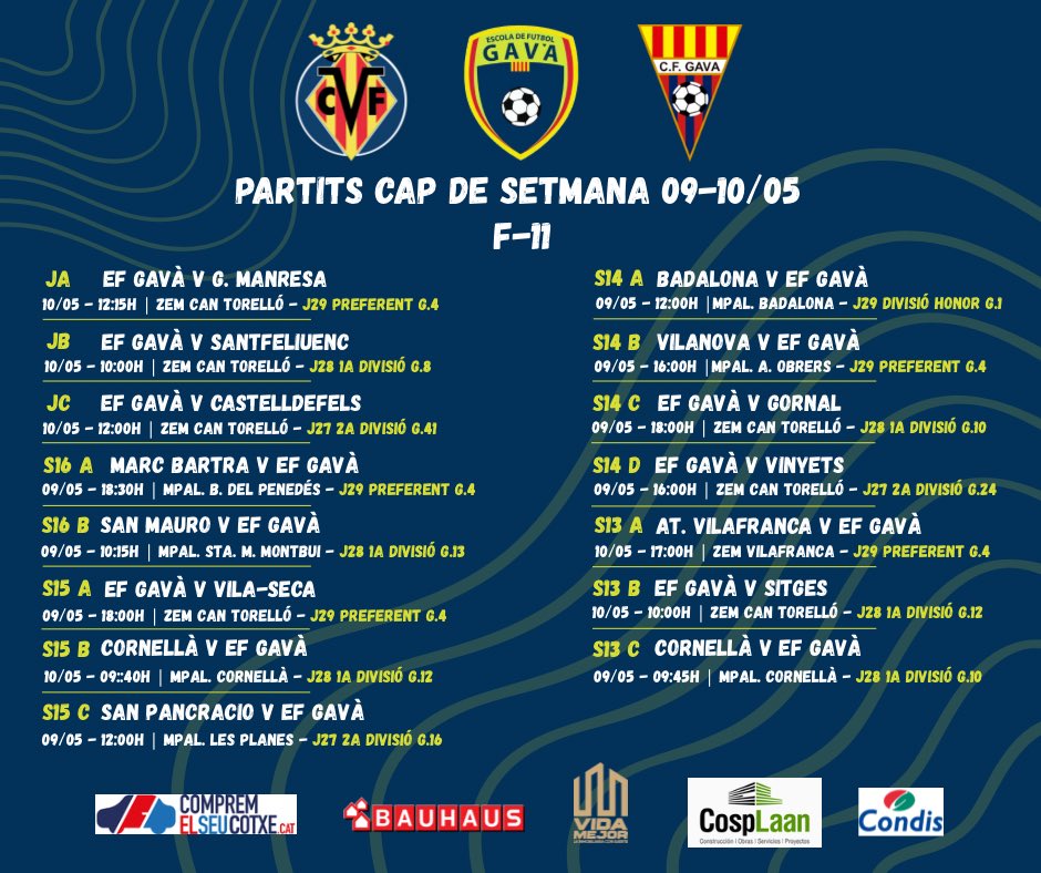 EFGava's tweet photo. 🔵🟢PARTITS

Ja estén preparats per a una nova jornada de partits 💪💪

Entren ja en la recta final i els nostres equips segueixen lluitant pels seus objectius 🎯🎯

A gaudir i disfrutar 🤩🤩

Molta sort a tots i totes 🍀🍀

#oleolegavà #somefgavà #mareagroga #futbol #futbolbase https://t.co/cS0uhhu3nI