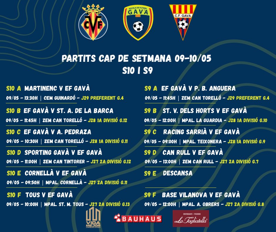 EFGava's tweet photo. 🔵🟢PARTITS

Ja estén preparats per a una nova jornada de partits 💪💪

Entren ja en la recta final i els nostres equips segueixen lluitant pels seus objectius 🎯🎯

A gaudir i disfrutar 🤩🤩

Molta sort a tots i totes 🍀🍀

#oleolegavà #somefgavà #mareagroga #futbol #futbolbase https://t.co/cS0uhhu3nI
