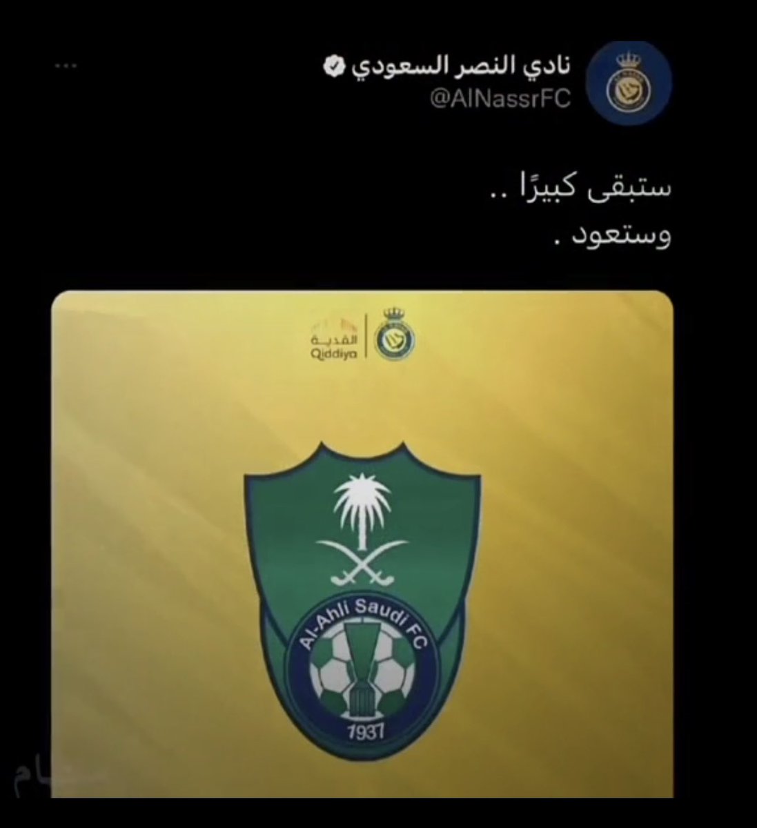 Princessh90's tweet photo. @ByanNassr حنا احباب وهذي الكوره فوز وخساره ونادي النصر نادي كبير واللي صاير من زعزعه ماتمثلنا هذولي جمهور هبه لا اكثر محد سندنا ورحب فينا غير النصر يوم هبطنا وعيب اللي صاير من بعض جماهير الاهلي https://t.co/XZNZaFPpqx