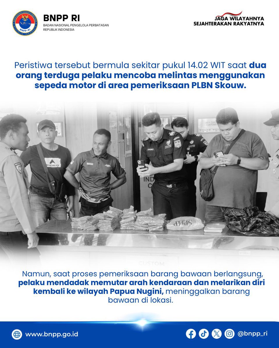 bnpp_ri's tweet photo. 🚨 2,1 Kg ganja berhasil digagalkan di Perbatasan RI–PNG.

Upaya penyelundupan narkotika melalui PLBN Skouw kembali berhasil digagalkan oleh petugas gabungan. Barang bukti ganja seberat sekitar 2,1 kilogram diamankan saat pemeriksaan di kawasan perbatasan Indonesia–Papua Nugini. https://t.co/iej9nn3mc7