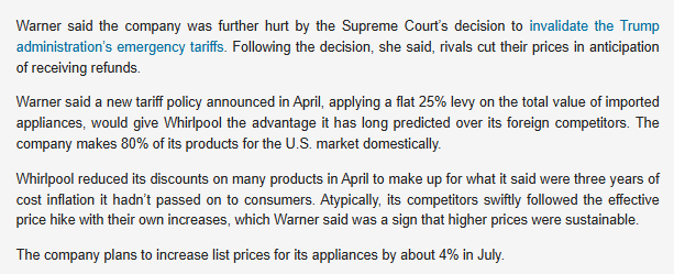 Just an incredible headline and series of paragraphs for US tariff darling Whirlpool, which is now going on FIFTEEN YEARS of having some form of US tariff protection (often multiple forms). 

I'm sure they'll turn it all around any day now.