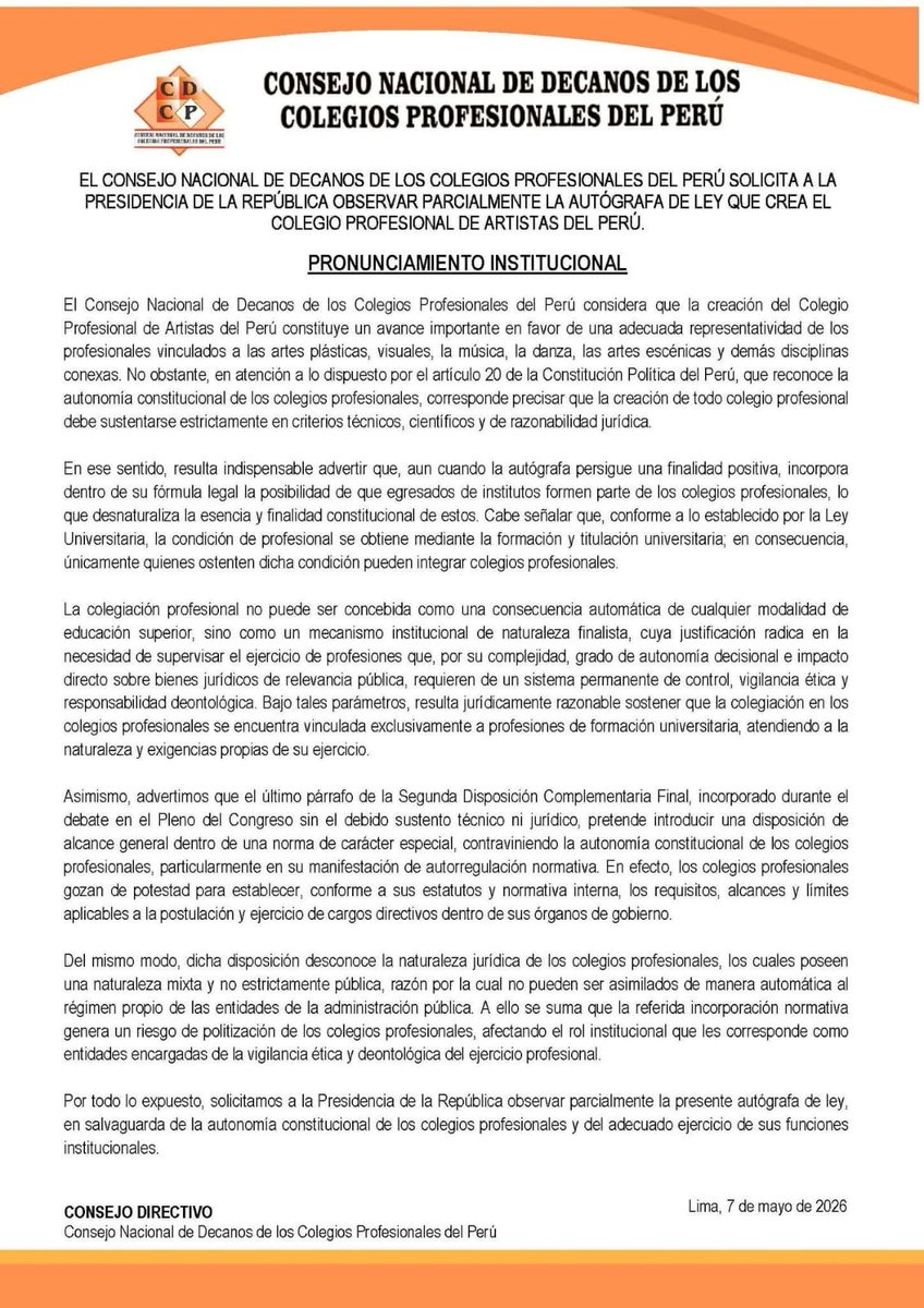 El CMP respalda el pronunciamiento del CDCP solicitando la observación parcial de la autógrafa de ley que crea el Colegio Profesional de Artistas del Perú, a fin de garantizar el respeto a la Ley Universitaria y la institucionalidad. 🏛️🇵🇪

#ColegioMédicoDelPerú #CDCP