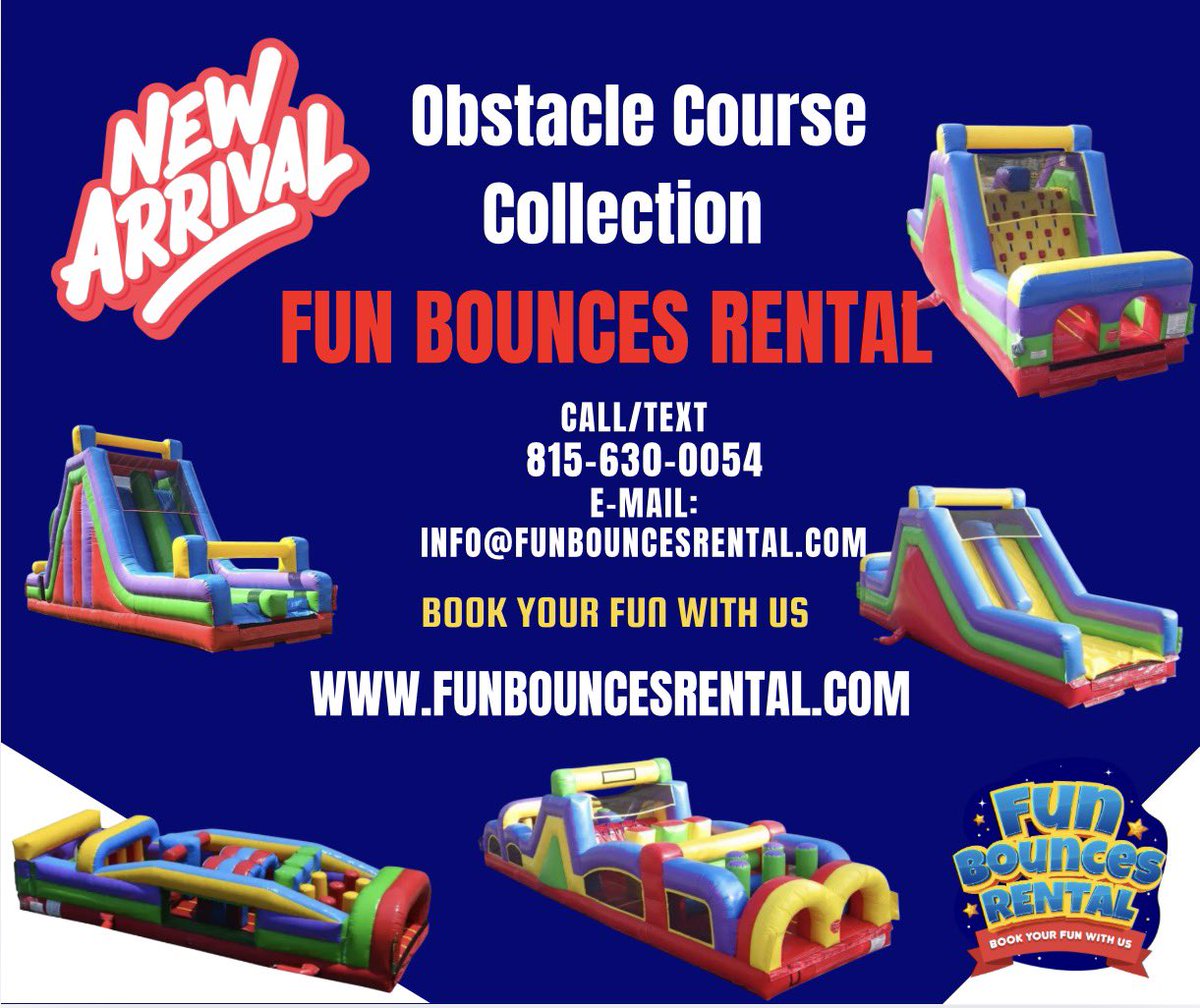 🚨 NEW OBSTACLE COLLECTION ALERT! 

We are SO excited to introduce our brand-new obstacle course collection just in time for field day season!

📆 Book your fun with us!! 💫

📱 Call or text @ (815) 630-0054
📧  info@funbouncesrental.com
🌏 funbouncesrental.com