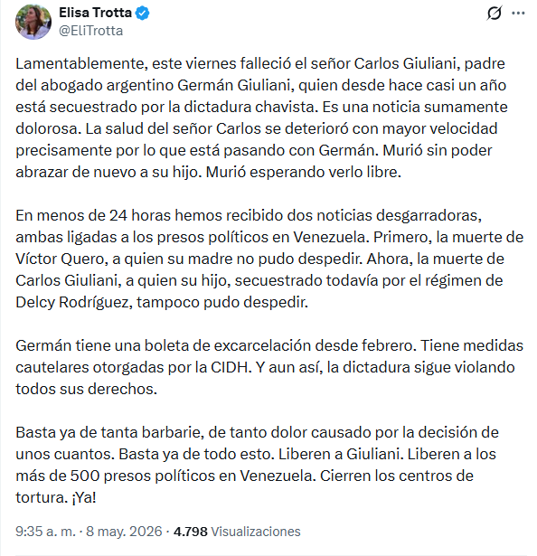 Falleció padre del argentino Germán Giuliani que sigue secuestrado por el narcorégimen en Yare II

La defensora de DDHH <a href="/EliTrotta/">Elisa Trotta</a> recordó que el abogado Giuliani tiene boleta de excarcelación desde febrero

#Venezuela