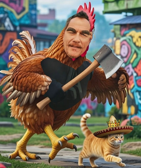 CatsoNemec's tweet photo. BREAKING! The identity of the chicken who terrorized the neighborhood for ages is revealed! It´s only silly @imcorinnemec who promotes his fake documentary #ChickenHead ! #miau https://t.co/4rK4kFJxfX