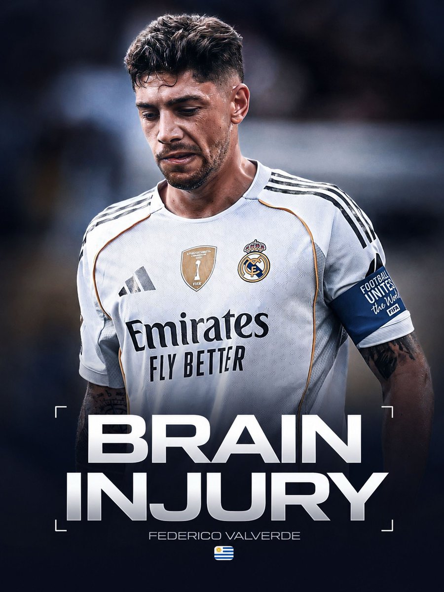 Valverdeteam_'s tweet photo. 🚨𝐁𝐑𝐄𝐀𝐊𝐈𝐍𝐆: Fede Valverde is diagnosed
with 𝐓𝐑𝐀𝐔𝐌𝐀𝐓𝐈𝐂 𝐁𝐑𝐀𝐈𝐍 𝐈𝐍𝐉𝐔𝐑𝐘.

Fede Valverde will be at home rest for next 10-14 days after traumatic brain injury.

Speedy recovery Fede !❤️‍🩹 https://t.co/VKfLUEQjKe