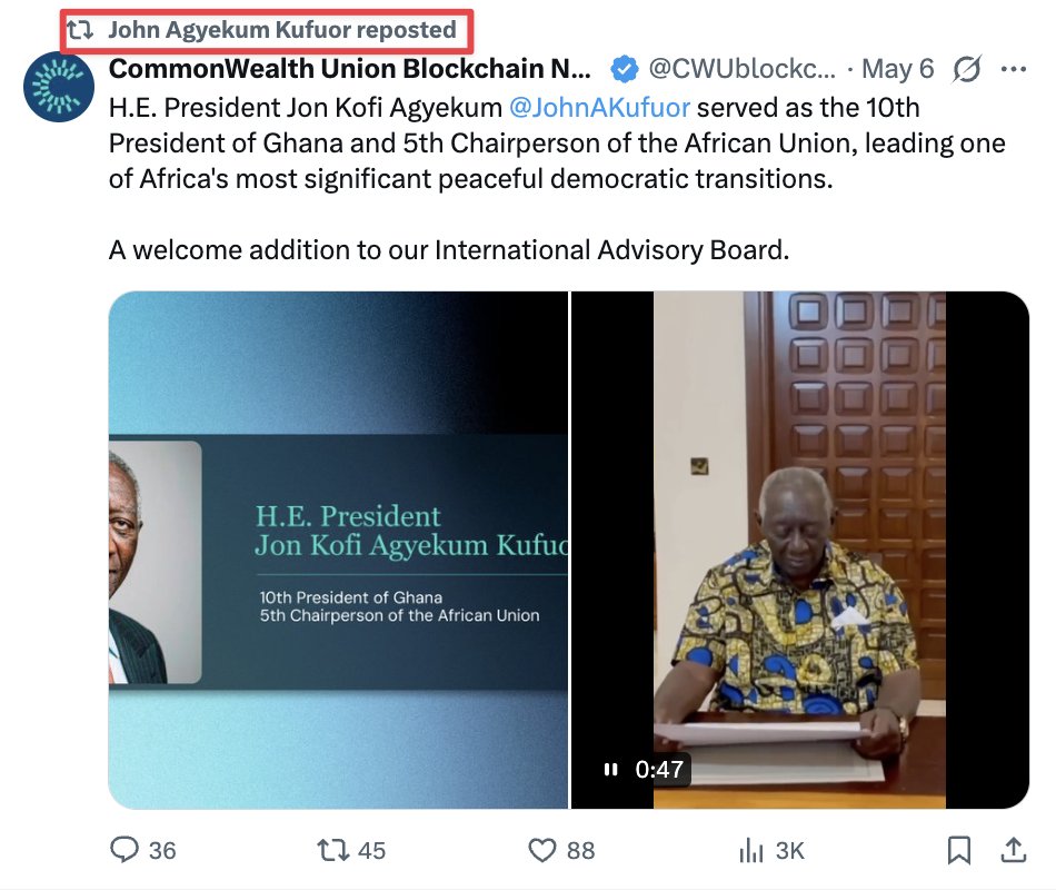 2/ $CWU launched on April 9

It recently surged to a $120M mcap

The project is promoted by <a href="/JohnAKufuor/">John Agyekum Kufuor</a>, former President of Ghana and official advisor to the project