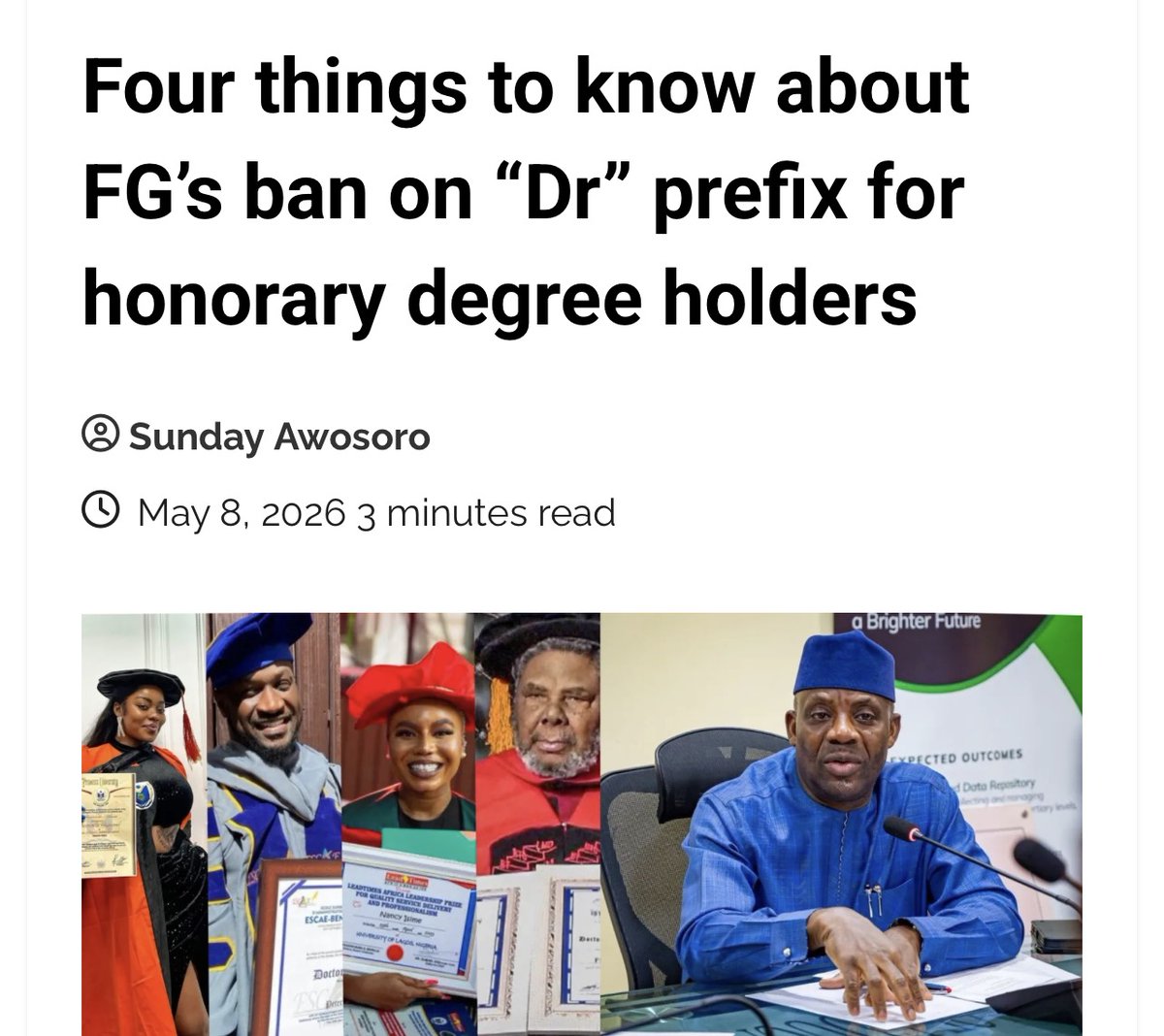 DubawaFacts's tweet photo. 🇳🇬  Wanna know how a DUBAWA investigation changed Nigerian law?
In 2025, we exposed how public figures used honorary degrees to mislead the public. Fast forward to May 2026, and the Federal Government has officially stepped in. So what has changed? https://t.co/vWYAXbMnEv