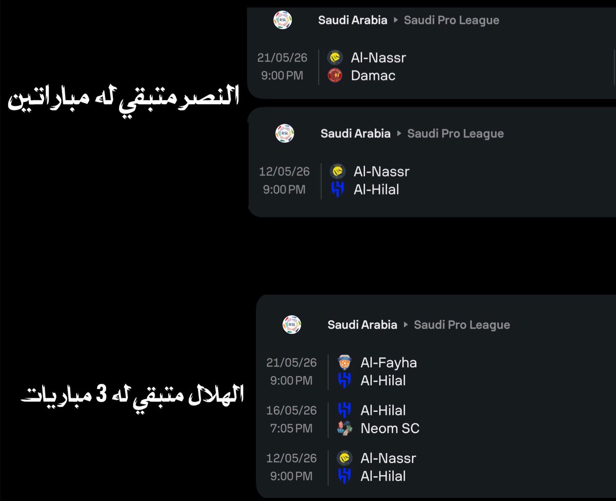 من مبدأ نزاهة و عدالة المنافسة ومثلما يحدث في دوريات العالم أن تلعب مباريات الحسم في وقت واحد وبنفس العدد لكل نادي لكن نادي باقي له مباراتين ونادي منافس باقي له ثلاث هذي ما تصير 
إلا في الدوري الهندي لذلك يجب أن يلعب الهلال مباراته المؤجله قبل مباراته مع النصر لتتساوى عدد