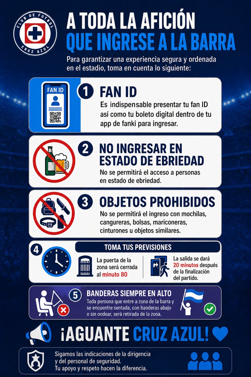 Estas medidas no son impuestas por nosotros, son temas de seguridad y protocolos del Estadio y de Policía. 
Queremos que disfruten del partido y no sean retirados. 
Nuestro ideal es hacer fiesta para Cruz Azul, ser el grupo de apoyo bajo cantos, colorido y carnaval.