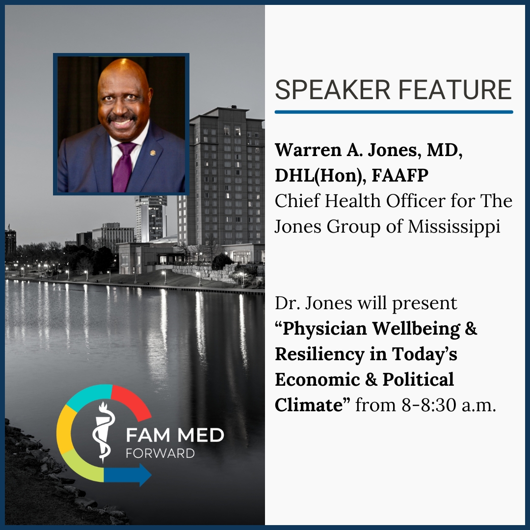 KansasAFP's tweet photo. We are excited to welcome Dr. Warren A. Jones, MD, DHL(Hon), FAAFP, Chief Health Officer for The Jones Group of Mississippi, as a speaker at Fam Med Forward 2026. Thank you, Dr. Jones, for sharing your expertise! Learn more &amp; register: https://t.co/tJqCMl0Wif https://t.co/4tY5UZAVuU