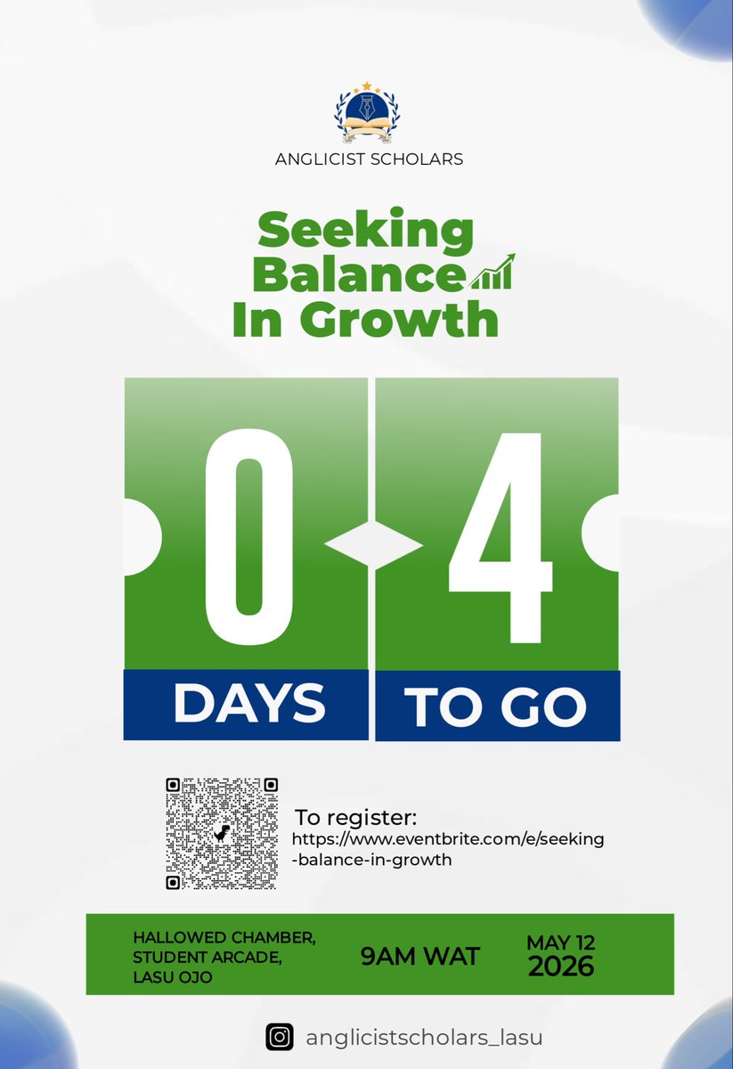 de_anglicists's tweet photo. 4 days to something transformative.

May 12 | 9AM | Hallowed Chamber, Student Arcade, LASU OJO. 

Click the link below e to secure your spot. 
https://t.co/BAZCP92ffK

#anglicistscholars
#seekingbalanceingrowth
#balancedgrowth
#countdowntoseekingbalnaceingrowth
#4daystogo https://t.co/74SJj8S0KZ