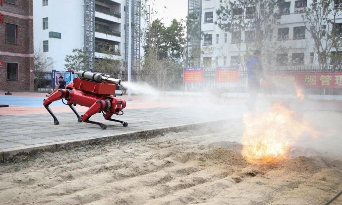 A quadruped AI-powered firefighting robot developed in Shenzhen