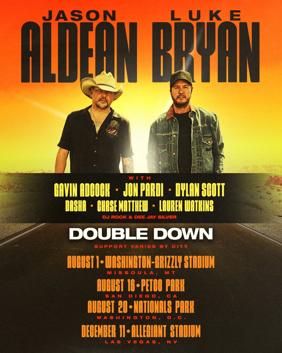 Jason_Aldean's tweet photo. Tickets for the Double Down tour are ON SALE TODAY at 10am local venue time! We’ll see you guys out there. Grab your tickets at https://t.co/w6oxkR4j6A https://t.co/NvIvuPaXU7