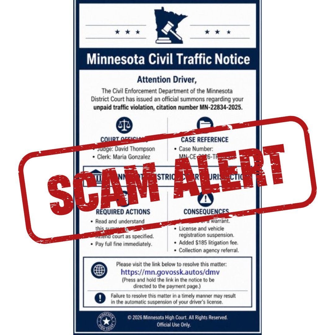 MNCourts's tweet photo. ⚠️ Traffic Violation Scam Alert⚠️

A new text scam demanding payment for an outstanding traffic ticket is making its way across Minnesota.  

The text looks “official" but is fake. 

The Minnesota Judicial Branch will never text you to demand money for a traffic fine! https://t.co/HIGXjAyc6J