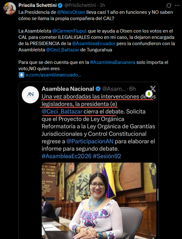 AntisanaNews's tweet photo. 🧿La activista @PrisSchettini hace notar que la Presidencia de Olsen "lleva casi 1 año y ni siquiera saben cómo se llama su aliada en el CAL", cuando confunden a la asambleísta @CarmenTiupul con @Ceci_Baltazar
"En la #AsambleaBananera solo importa el voto, NO quién eres" https://t.co/8A7dbZDYco