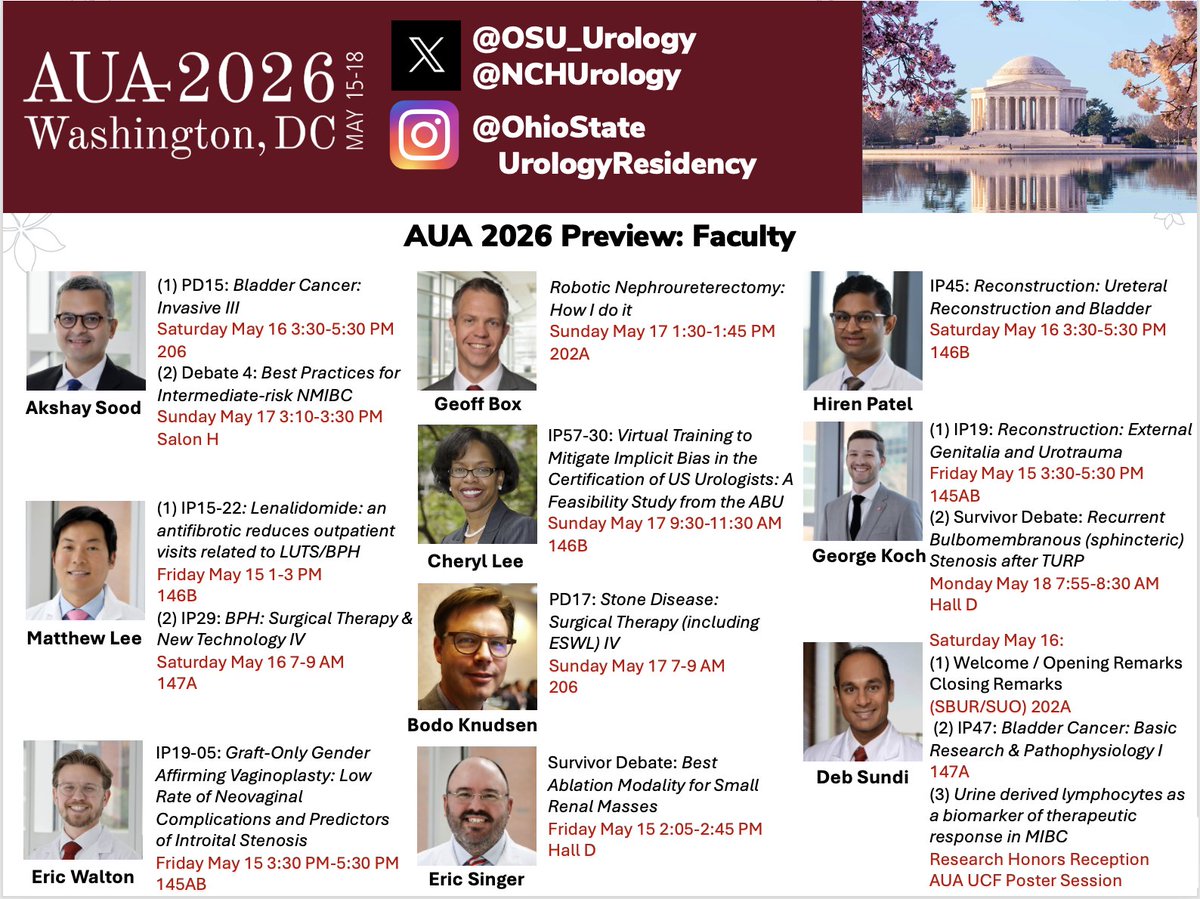 OSU_Urology's tweet photo. The expertise of Ohio Urology will be on display at #AUA2026 next week!

Our faculty are leading the conversation in urologic surgery, education, innovation, and research through invited talks, podiums, panels, and scientific sessions throughout the meeting.

#AUA26 #AUAPreview https://t.co/F7z13sdnkh