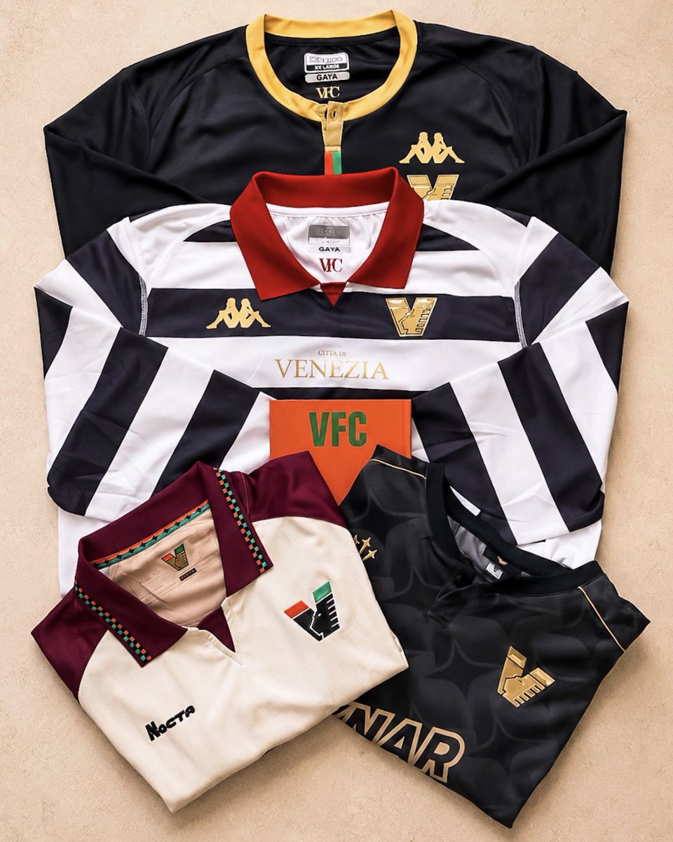 PabloFCoppola's tweet photo. Last day of Serie B. The collection celebrates. Venezia. Serie A. 🧡🖤  #VeneziaFC #SerieA #KitCollector #FootballCulture #Calcio https://t.co/RjwX7lGmTO