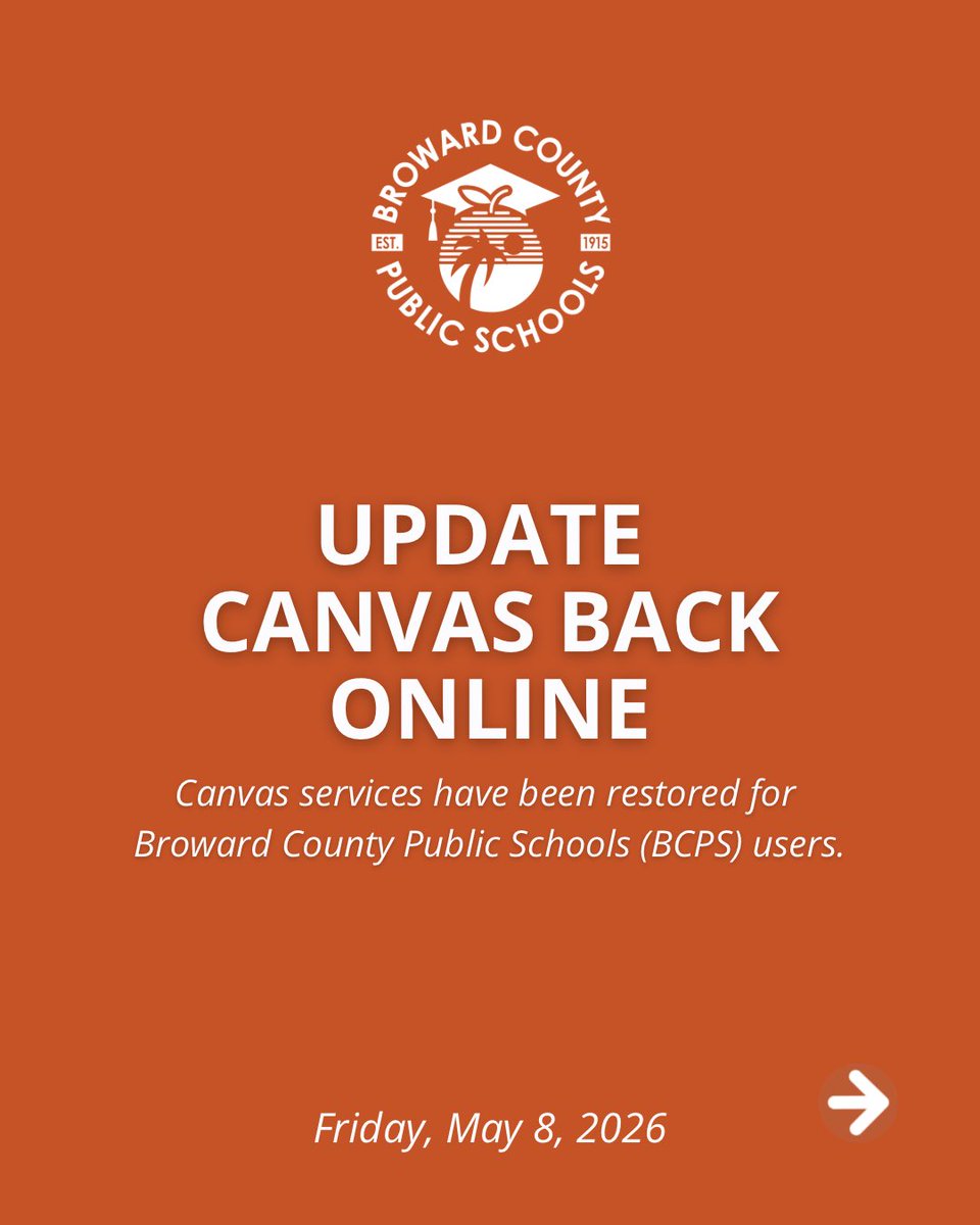 browardschools's tweet photo. UPDATE: Canvas access has been restored for Broward County Public Schools users.

Please note:
🔄 Full restoration may take time as devices reconnect
⚠️ Grade Sync between Canvas and FOCUS remains temporarily unavailable
📝 Teachers may continue grading assignments in Canvas
📢 Staff will be notified once Grade Sync is fully restored

Broward County Public Schools Information Security & Assurance continues monitoring systems and will share updates through official District communication channels.