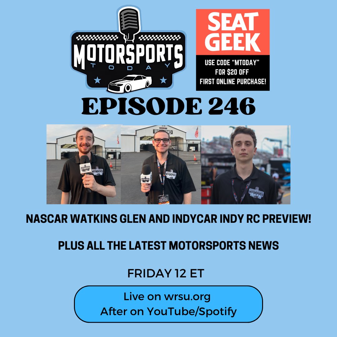 MtrsprtsToday's tweet photo. @EddieKalegi, @AdamTropper24, and @JeffreyHrunka are live at the top of the hour on https://t.co/Vl5LcC1baI!

Talking NASCAR, INDYCAR, and oh yeah, a truck with our logo is currently qualifying at Watkins Glen. Good luck @drivermallozz! https://t.co/Lx3uHeCsxe