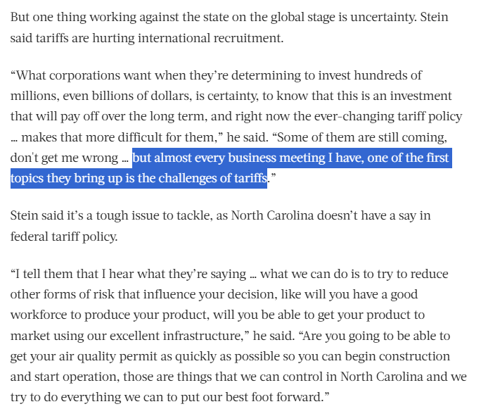 NC Gov. Stein on corporate investment: "Some of them are still coming, don't get me wrong … but almost every business meeting I have, one of the first topics they bring up is the challenges of tariffs" bizjournals.com/triangle/news/…