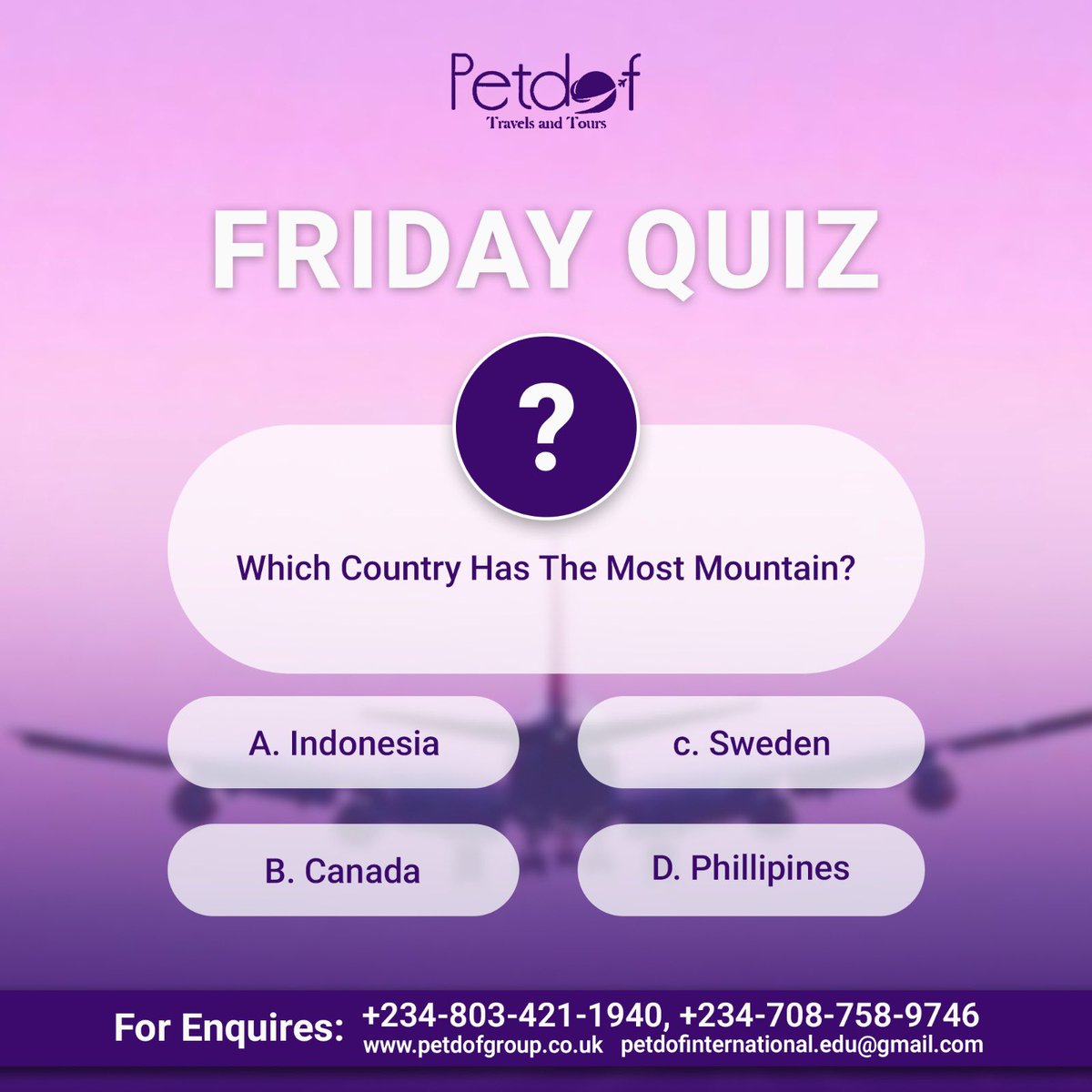 petdoftravels's tweet photo. Share this with a friend or tag a friend to answer our Friday Quiz๐ฅณ
See you in the comment section๐ช
#petdoftravelsandtours #fridayquiz #funweekend #gamecontent #officechallenge https://t.co/bWErLFbRNe