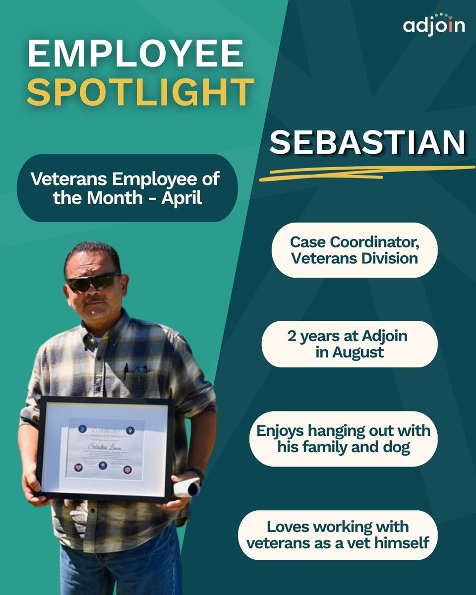 Adjoinorg's tweet photo. We have two employee spotlights this month: Arturo and Sebastian! Both were recognized as Employee of the Month for our Veterans Division - Arturo in March and Sebastian in April. 

Congratulations to you both on this well-deserved recognition! 🎉👏 https://t.co/nX39btdrmc