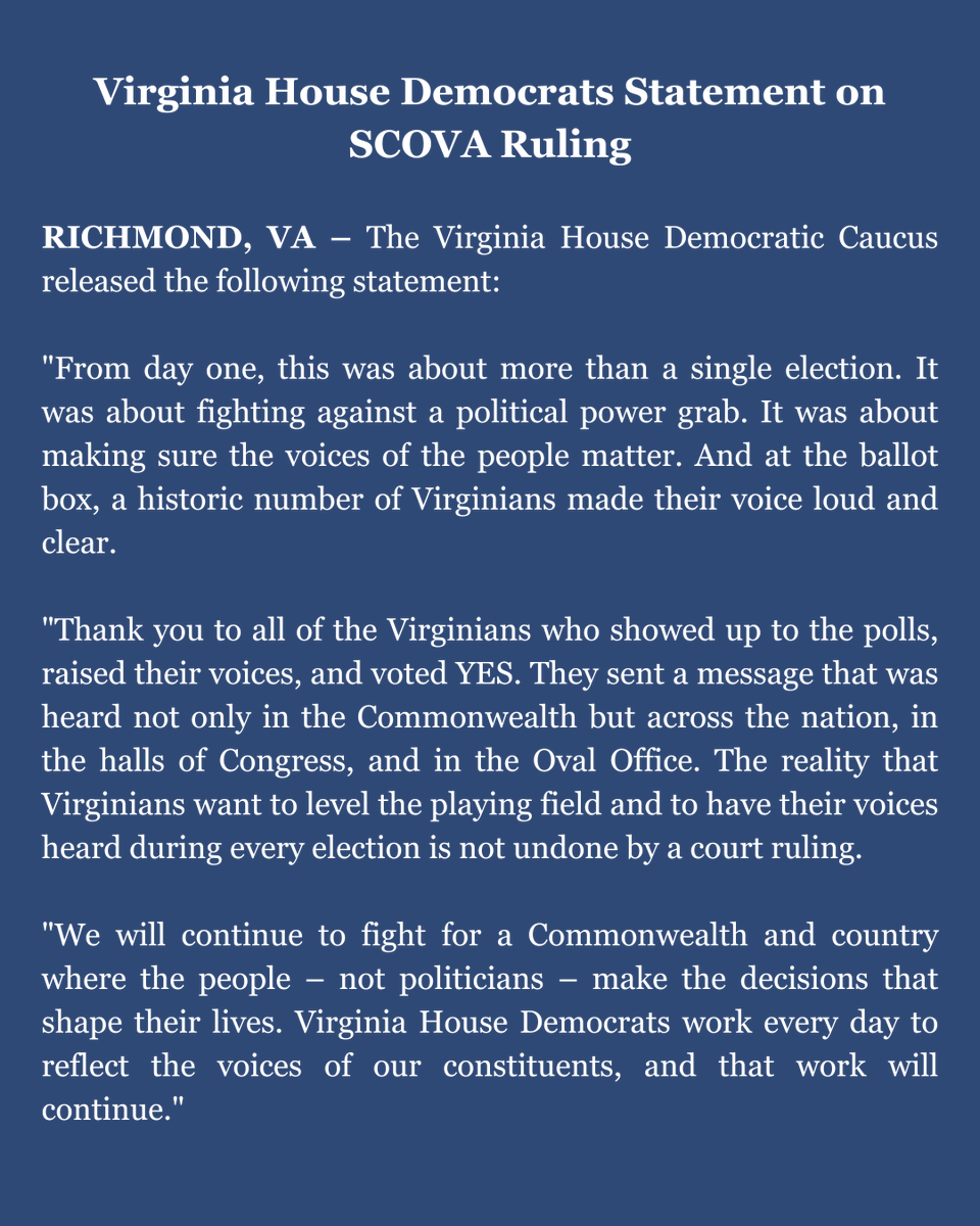 VAHouseDems's tweet photo. Virginia House Democrats Statement on SCOVA Ruling https://t.co/R7Kgs4Ns3D