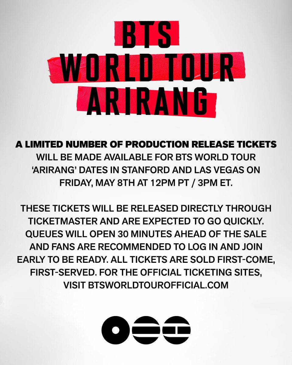 New production releases just announced for BTS WORLD TOUR ‘ARIRANG’ dates in Stanford &amp; Las Vegas.

Head to BTSWORLDTOUROFFICIAL.COM to learn more!

<a href="/bts_bighit/">BTS_official</a> 

#방탄소년단 #BTS #BTS_WORLDTOUR_ARIRANG #BTS_WORLDTOUR_ARIRANG_NA