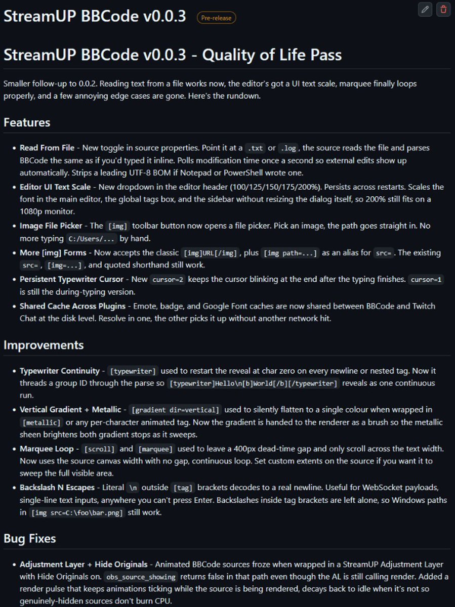 StreamUPtips's tweet photo. StreamUP BBCode OBS Plugin v0.0.3 is out not in Early Access.

Read text from a file. Editor UI text scale. Marquee actually loops. Image file picker. Adjustment Layer freeze fixed and much more!

Built by @Andi_Stone. https://t.co/5m69KqZocd