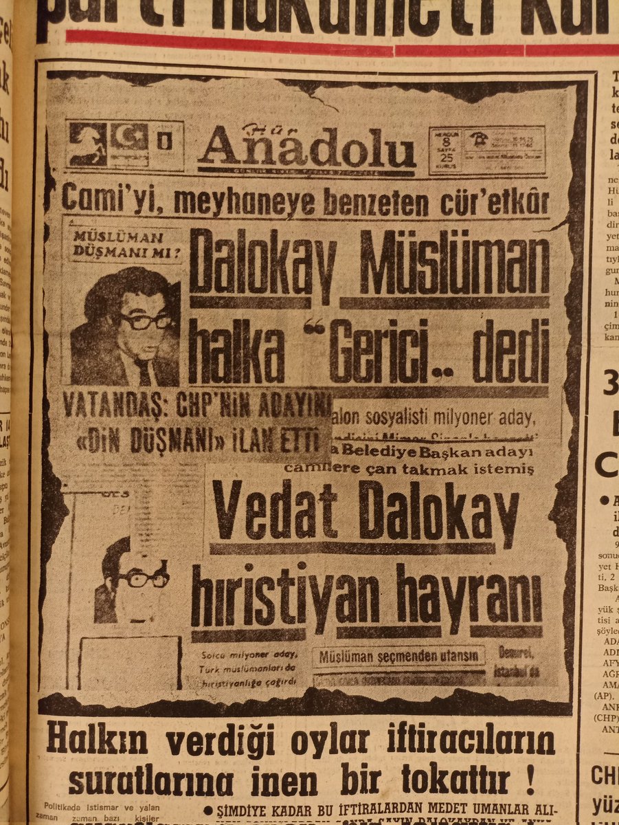 HarpBey's tweet photo. 1973'teki belediye seçimlerinde önce başkan adayı Vedat Dalokay hakkında sözüm ona dindar bir gazetenin yalanlarıyla seçimlerden sonraki bir Ankara gazetesi... Bunlar hep aynı! https://t.co/TRkZBNqsNN