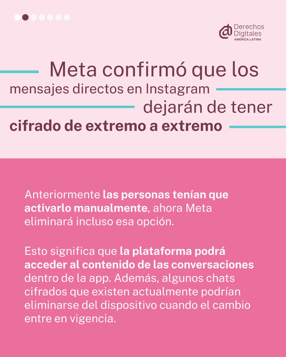 derechosdigital's tweet photo. Desde hoy, Instagram eliminará el cifrado de extremo a extremo en sus mensajes. 

Hasta ahora, esta función no estaba activada por defecto: las personas tenían que habilitarla manualmente. Con este cambio, la opción desaparecerá por completo. https://t.co/fVeYxNinE5