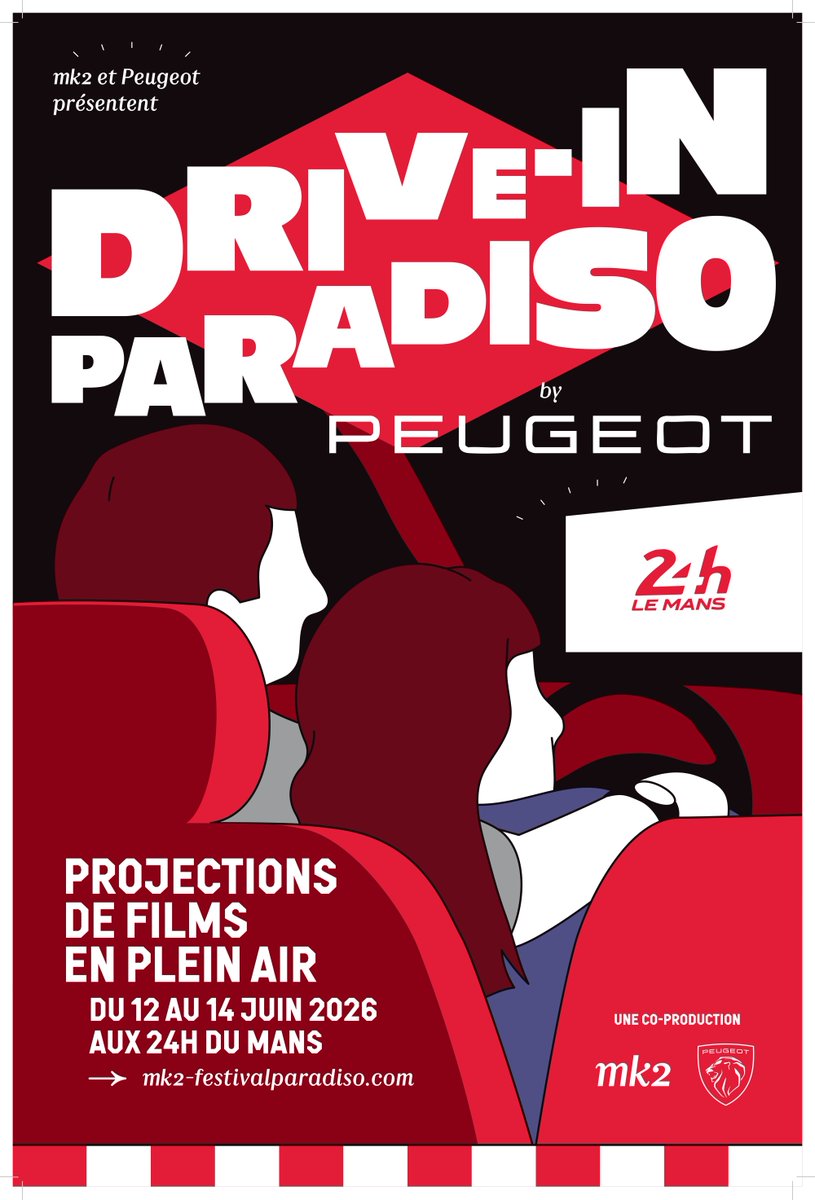 PeugeotFR's tweet photo. Du 12 au 14 juin 2026, Peugeot s’associe à mk2 pour lancer Drive-In Paradiso by Peugeot au cœur des 24 Heures du Mans.⁣​
⁣​
Une expérience inédite : 24h de cinéma en plein air, à vivre depuis des modèles Peugeot iconiques, installés en bord de circuit.⁣ https://t.co/ozWWMU3A6b