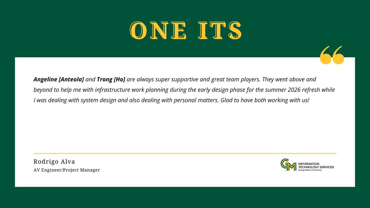 GeorgeMasonITS's tweet photo. Join us every Friday for our One ITS series 💚💛 https://t.co/xxPgFHl0iG