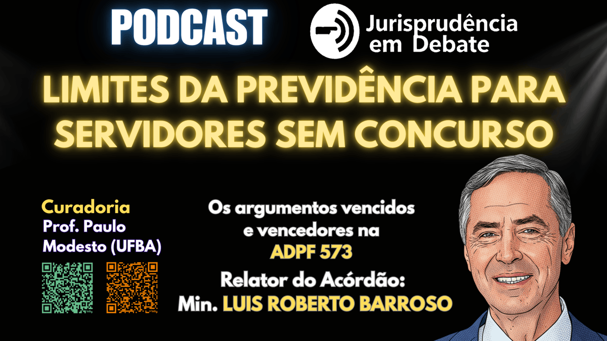 direito's tweet photo. É inconstitucional a inclusão de servidores não concursados (mesmo os do art. 19 do ADCT) no Regime Próprio de Previdência Social.  O tema é o centro do novo episódio do Podcast JURISPRUDÊNCIA EM DEBATE: ADPF 573 - Transposição de Servidores Celetistas para o Regime Estatutário 
📌 📺 Confira gratuitamente a íntegra do episódio em https://t.co/lfAdM0RVzg 

No https://t.co/UCJTCcSt21 o episódio conta com transcrição integral e  recurso de compartilhamento e localização  temporal (timestamps). No entanto, se preferir, assista pelo Youtube: https://t.co/JRAHsLdkCS